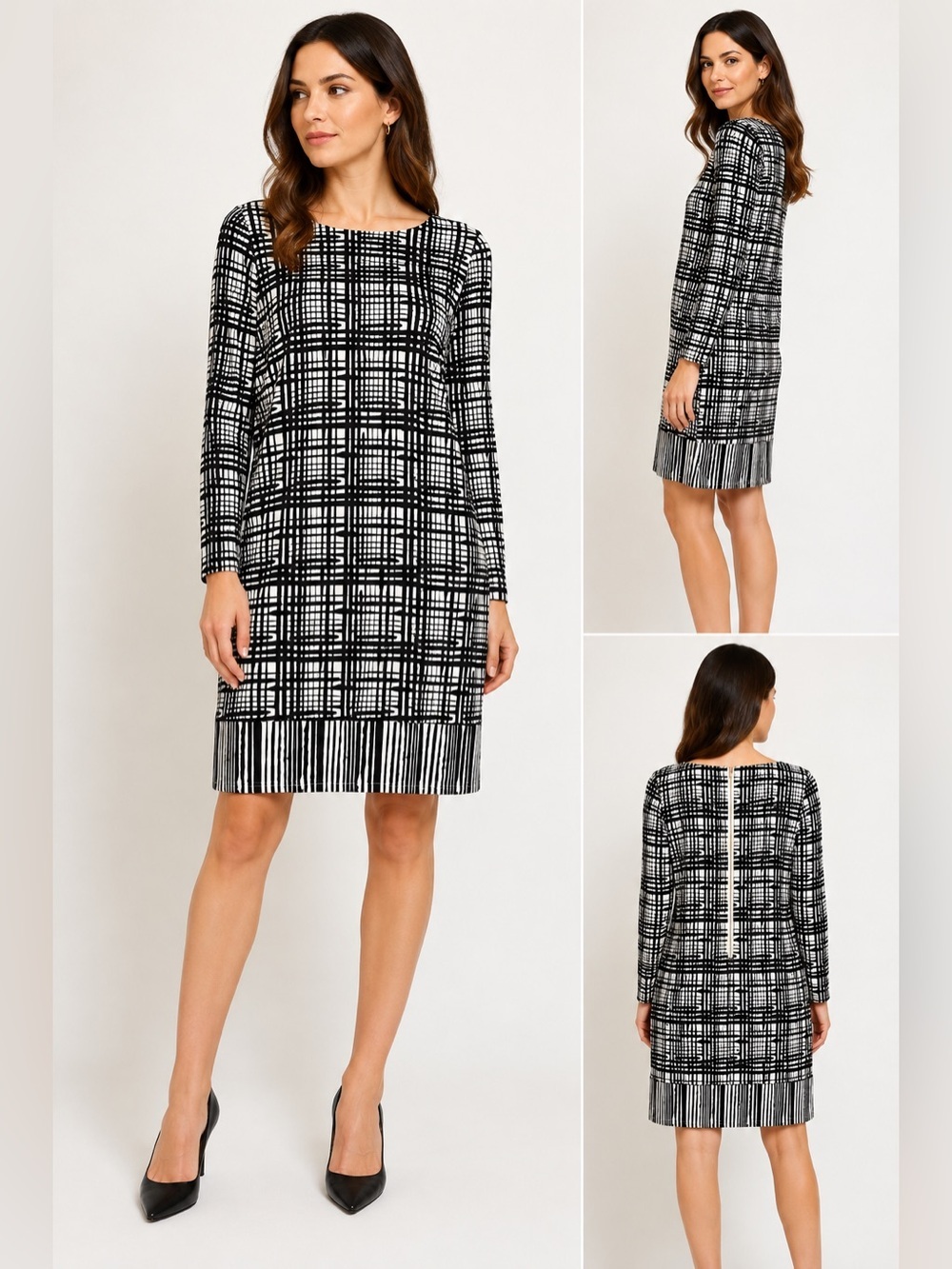 Vince Camuto Black White Geometric Long Sleeve Shift Dress Size 10